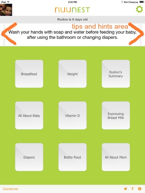 NuuNest home screen with hints and tips area